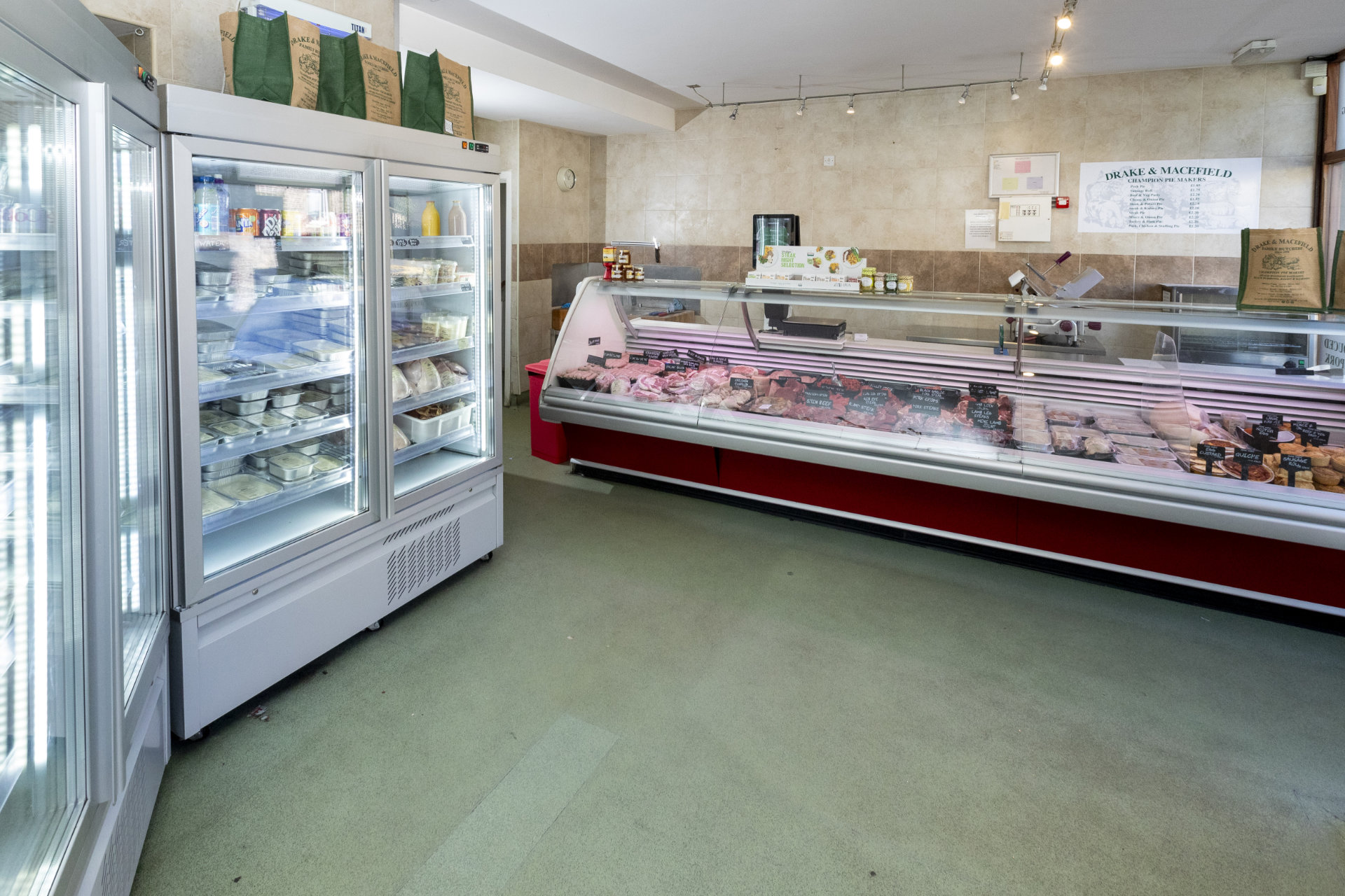 Drake and Macefield Family Butchers shopfront at Cross Hills, 49 Main Street, Cross Hills BD20 8TT.