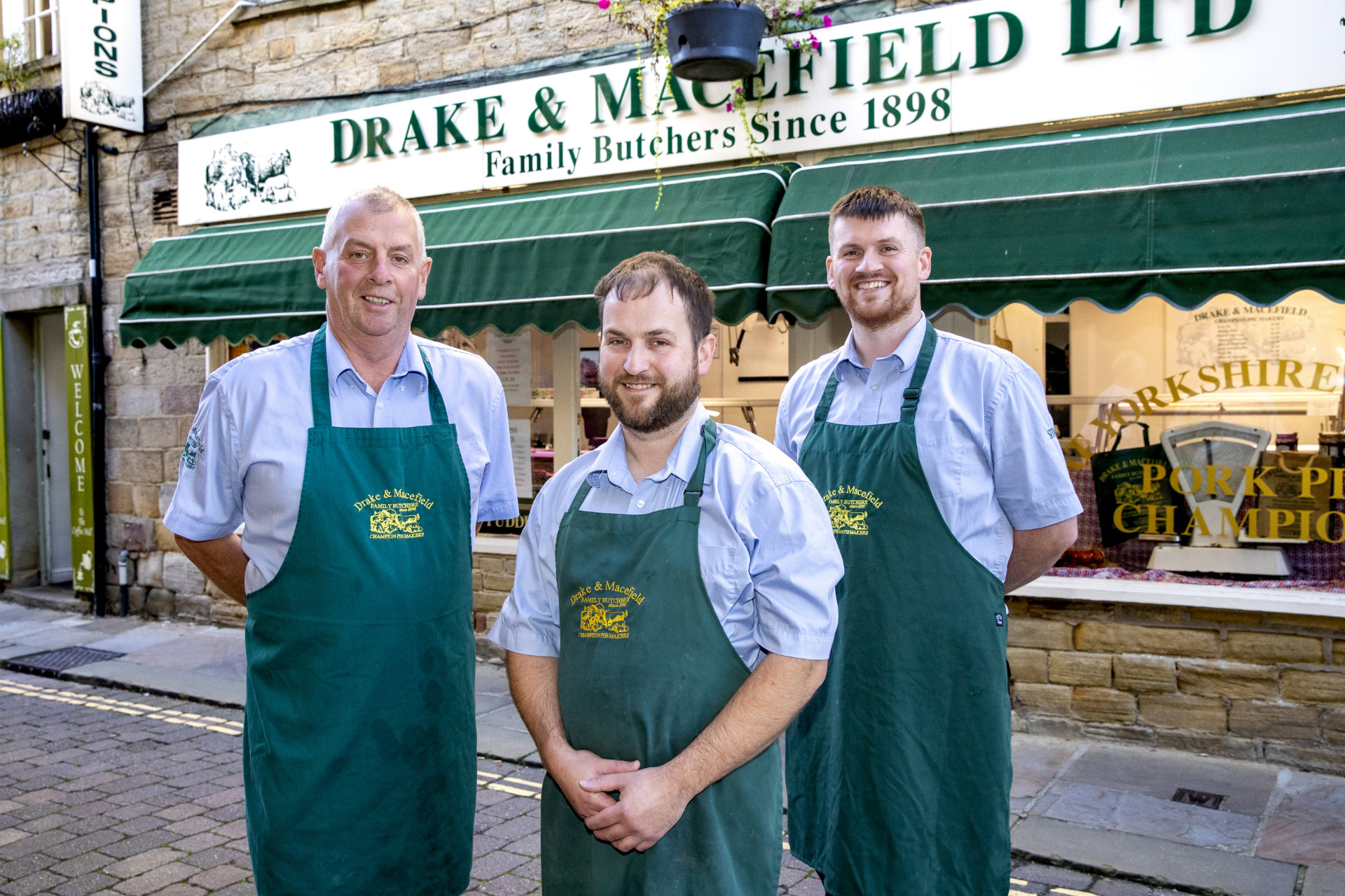 Drake and Macefield Family Butchers shopfront at Skipton, 11 Otley Street, Skipton BD23 1DY.